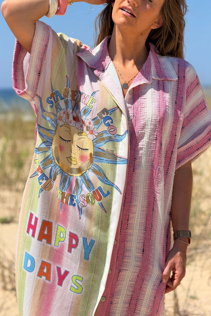 Vestido Camisa Botones Motivo Sol Happy Days Rayas Rosa Texturadas