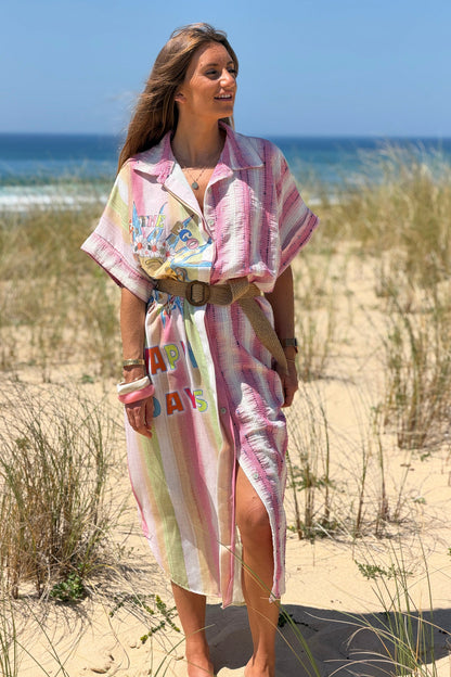 Vestido Camisa Botones Motivo Sol Happy Days Rayas Rosa Texturadas