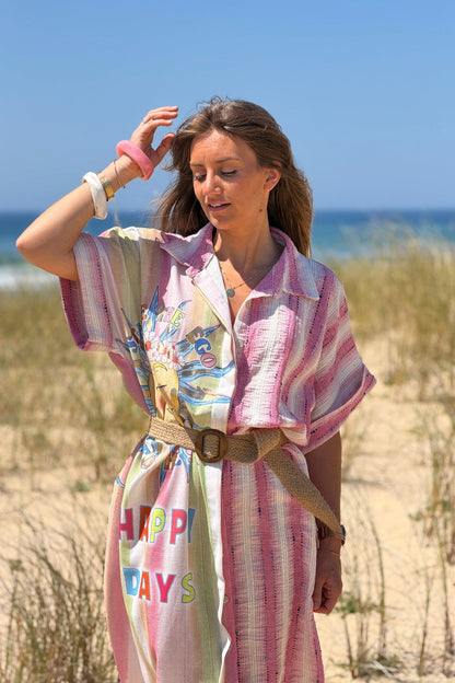 Vestido Camisa Botones Motivo Sol Happy Days Rayas Rosa Texturadas