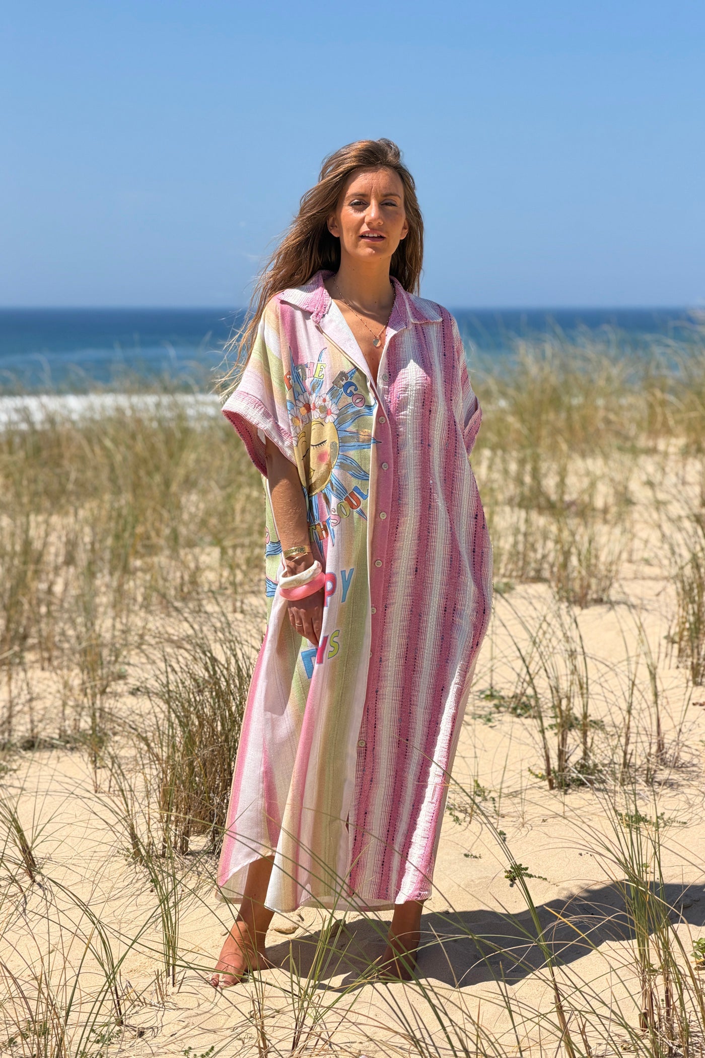 Vestido Camisa Botones Motivo Sol Happy Days Rayas Rosa Texturadas