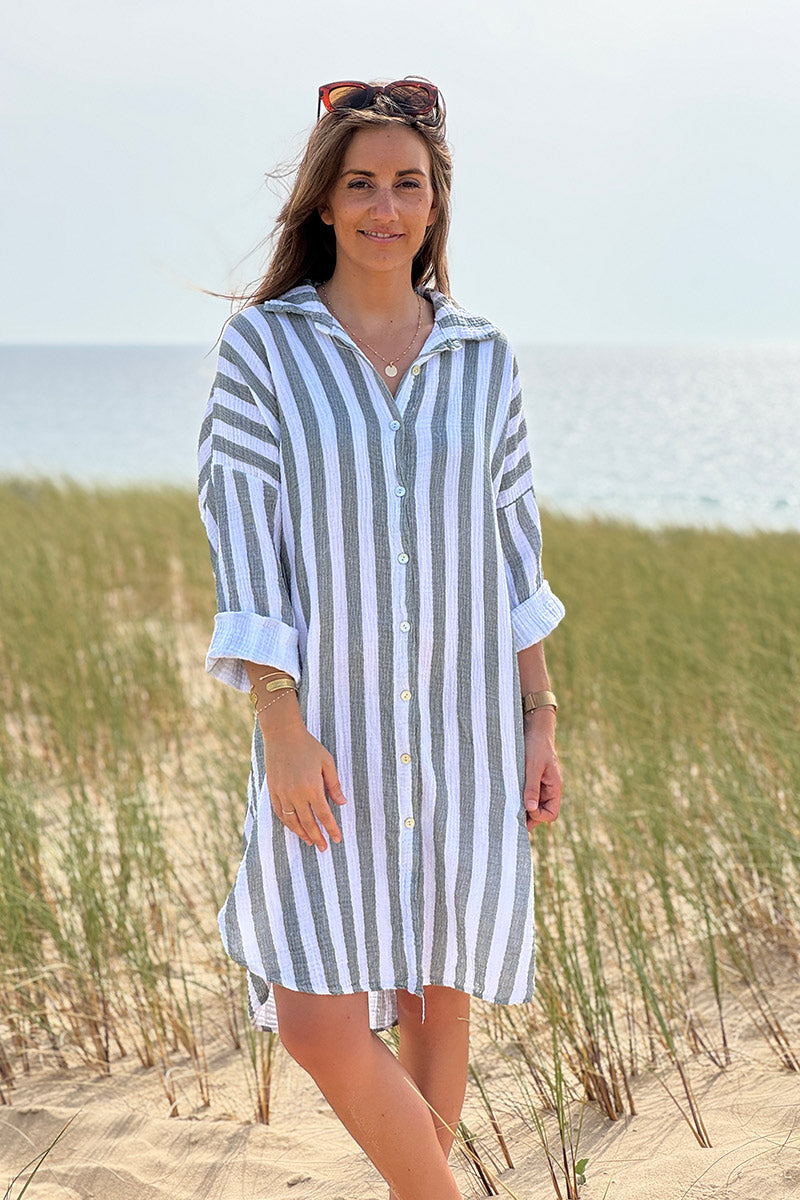 Vestido Camisa Blanco Gasa Algodón Rayas Kaki