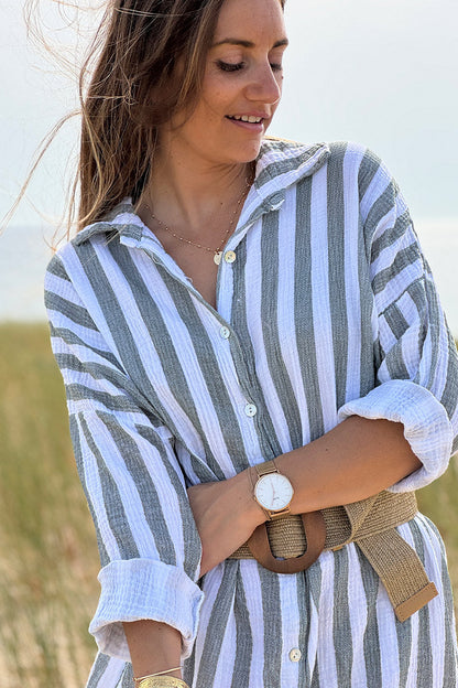 Vestido Camisa Blanco Gasa Algodón Rayas Kaki