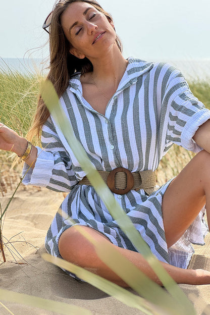 Vestido Camisa Blanco Gasa Algodón Rayas Kaki