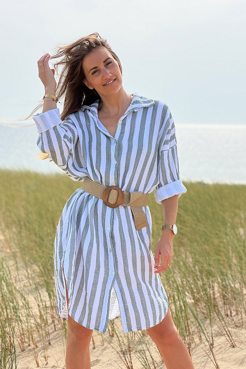 Vestido Camisa Blanco Gasa Algodón Rayas Kaki