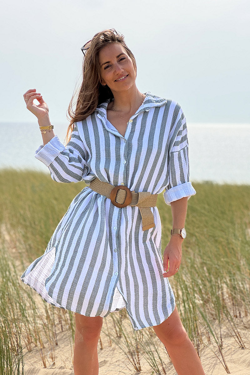 Vestido Camisa Blanco Gasa Algodón Rayas Kaki