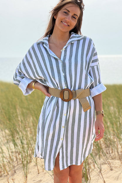 Vestido Camisa Blanco Gasa Algodón Rayas Kaki