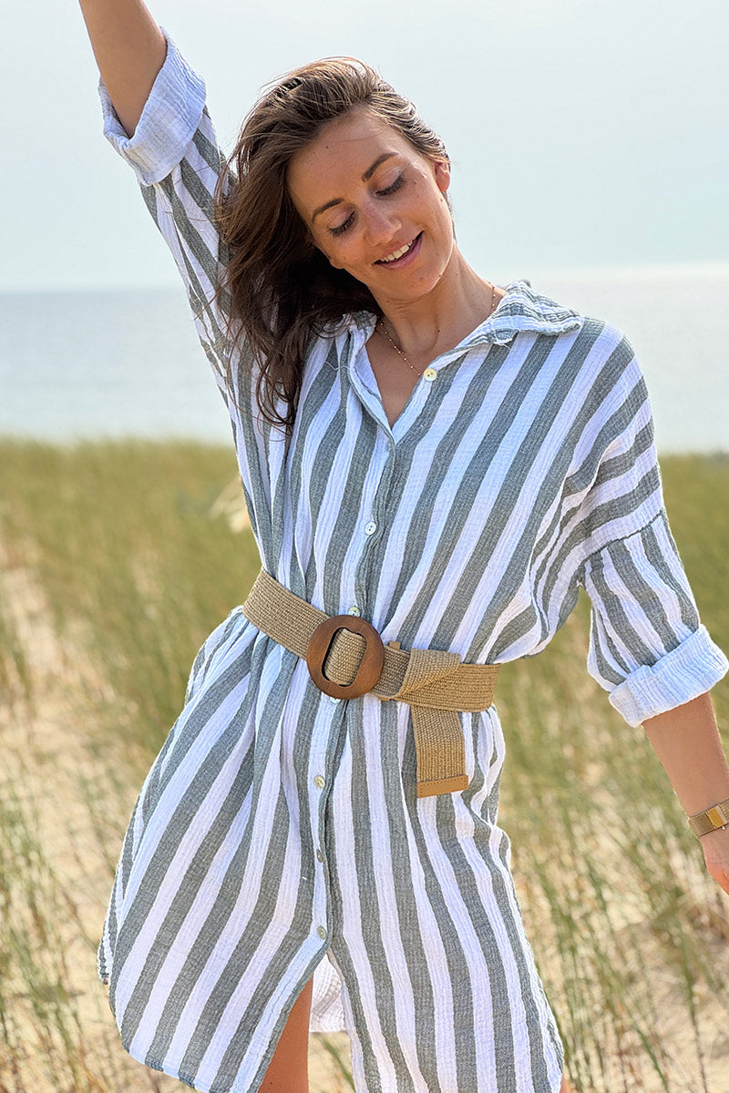 Vestido Camisa Blanco Gasa Algodón Rayas Kaki