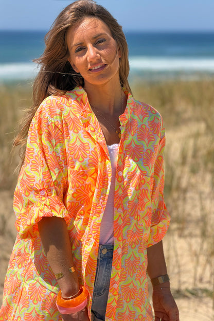 Vestido Camisa Algodón Estampado Lirios Naranja Flúor