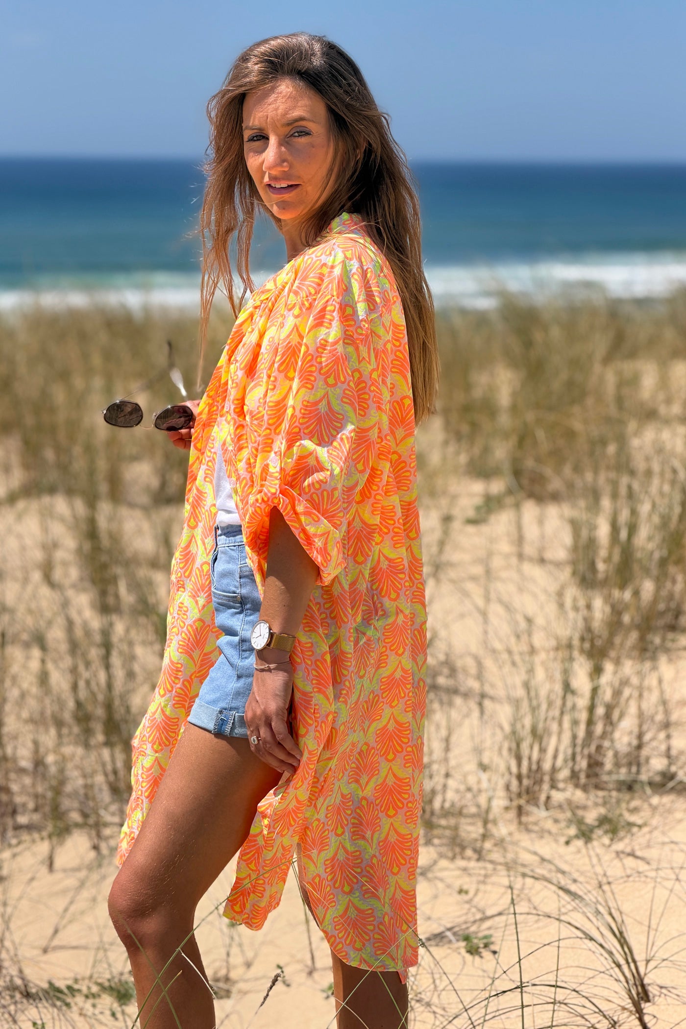 Vestido Camisa Algodón Estampado Lirios Naranja Flúor