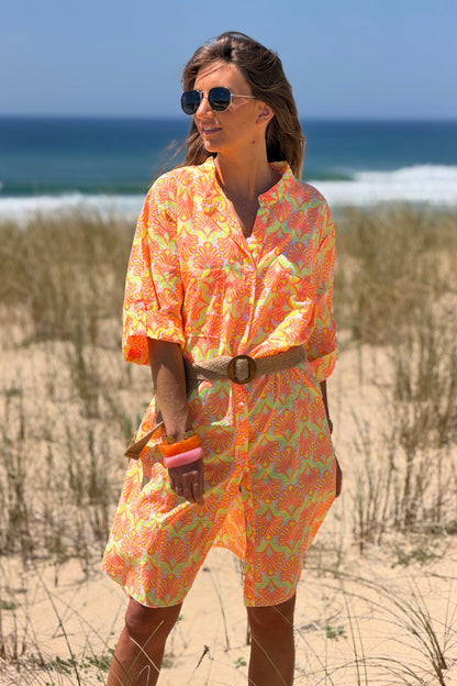 Vestido Camisa Algodón Estampado Lirios Naranja Flúor