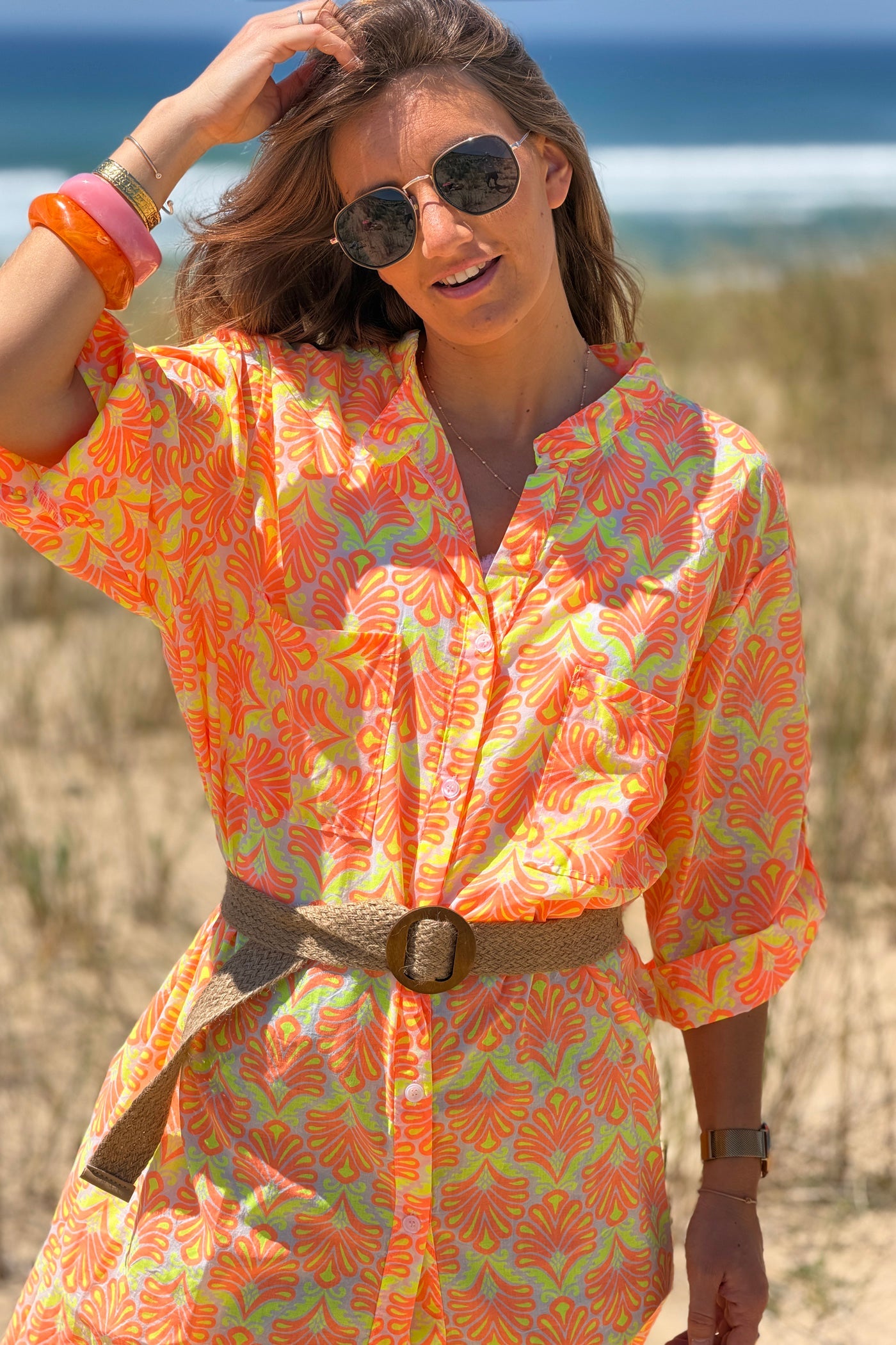 Vestido Camisa Algodón Estampado Lirios Naranja Flúor