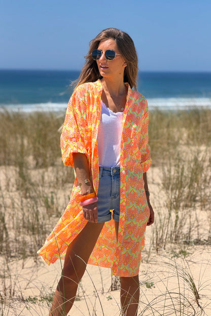 Vestido Camisa Algodón Estampado Lirios Naranja Flúor