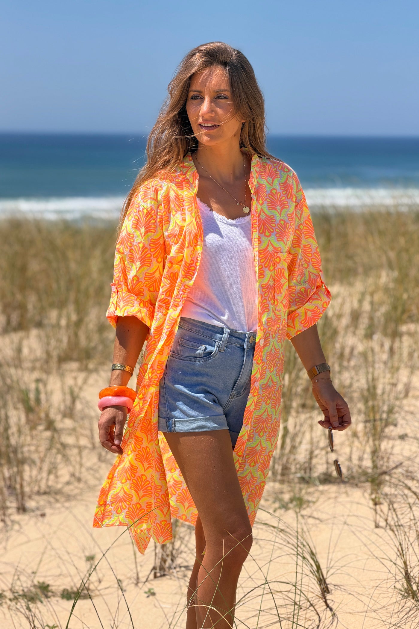 Vestido Camisa Algodón Estampado Lirios Naranja Flúor