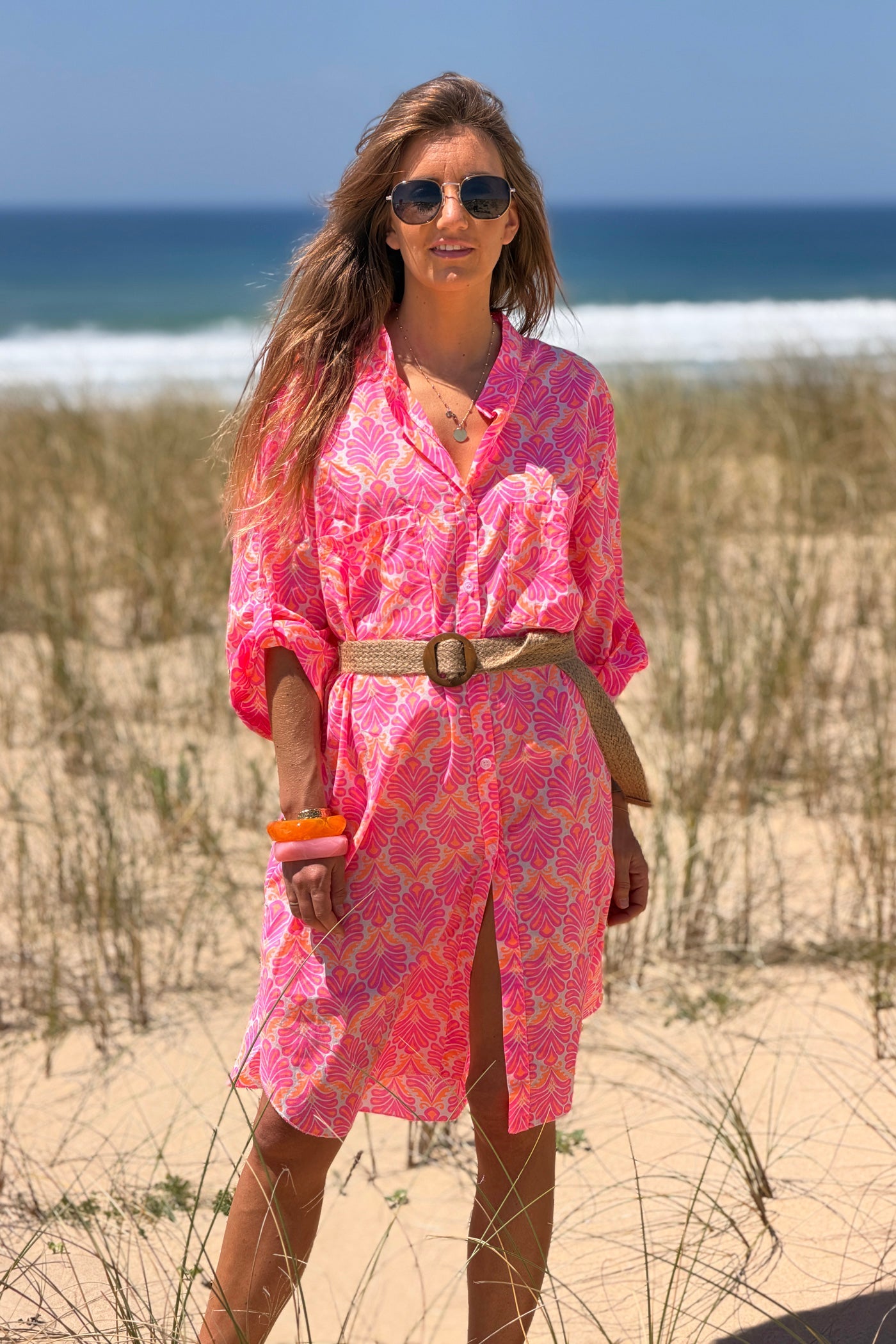 Vestido Camisa Algodón Estampado Lirios Rosa Flúor