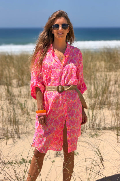 Vestido Camisa Algodón Estampado Lirios Rosa Flúor
