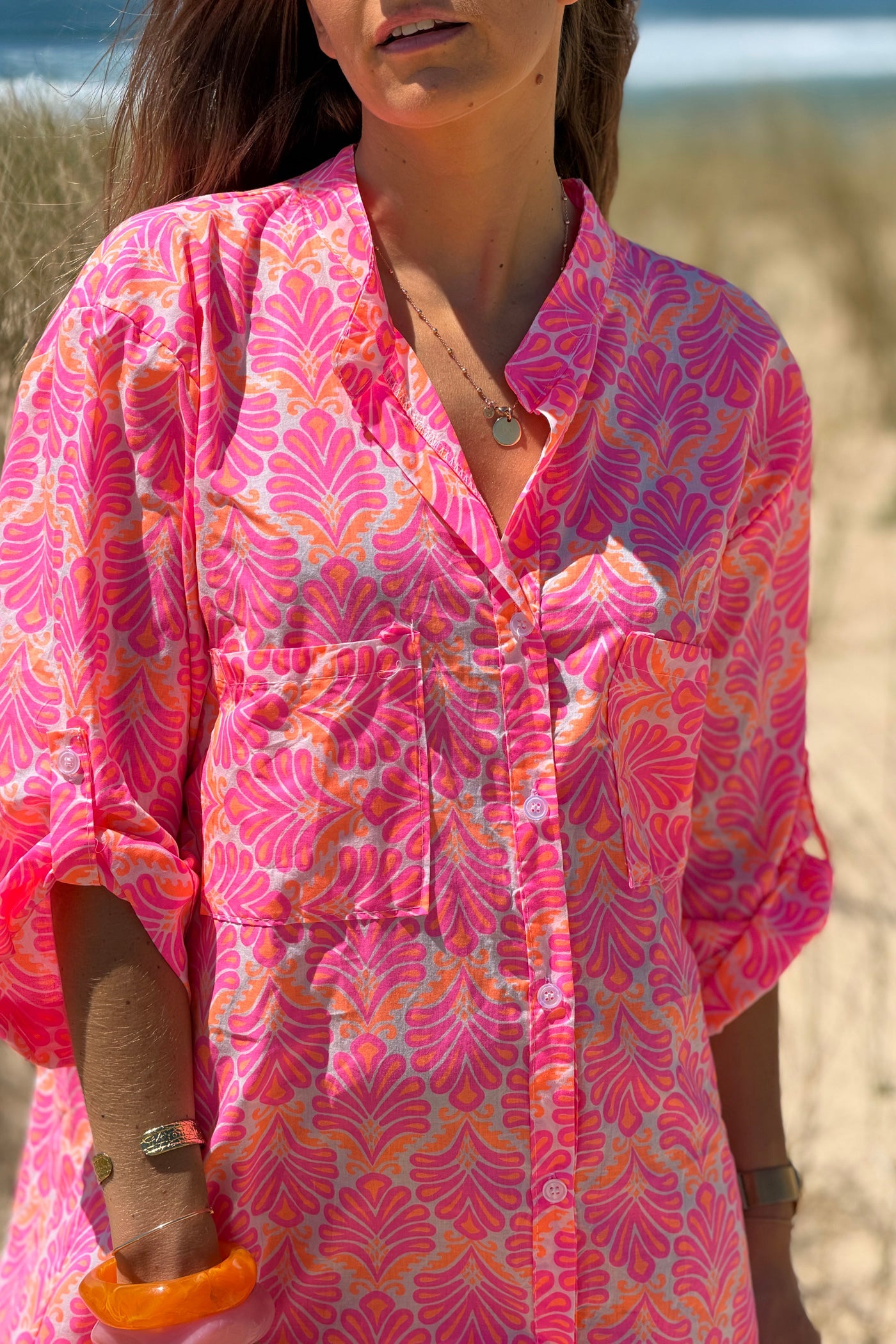 Vestido Camisa Algodón Estampado Lirios Rosa Flúor