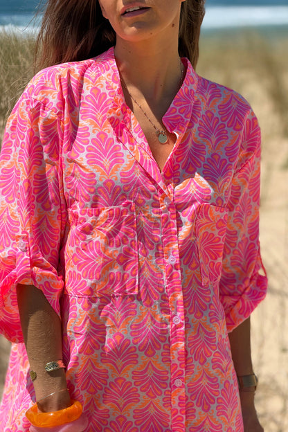Vestido Camisa Algodón Estampado Lirios Rosa Flúor