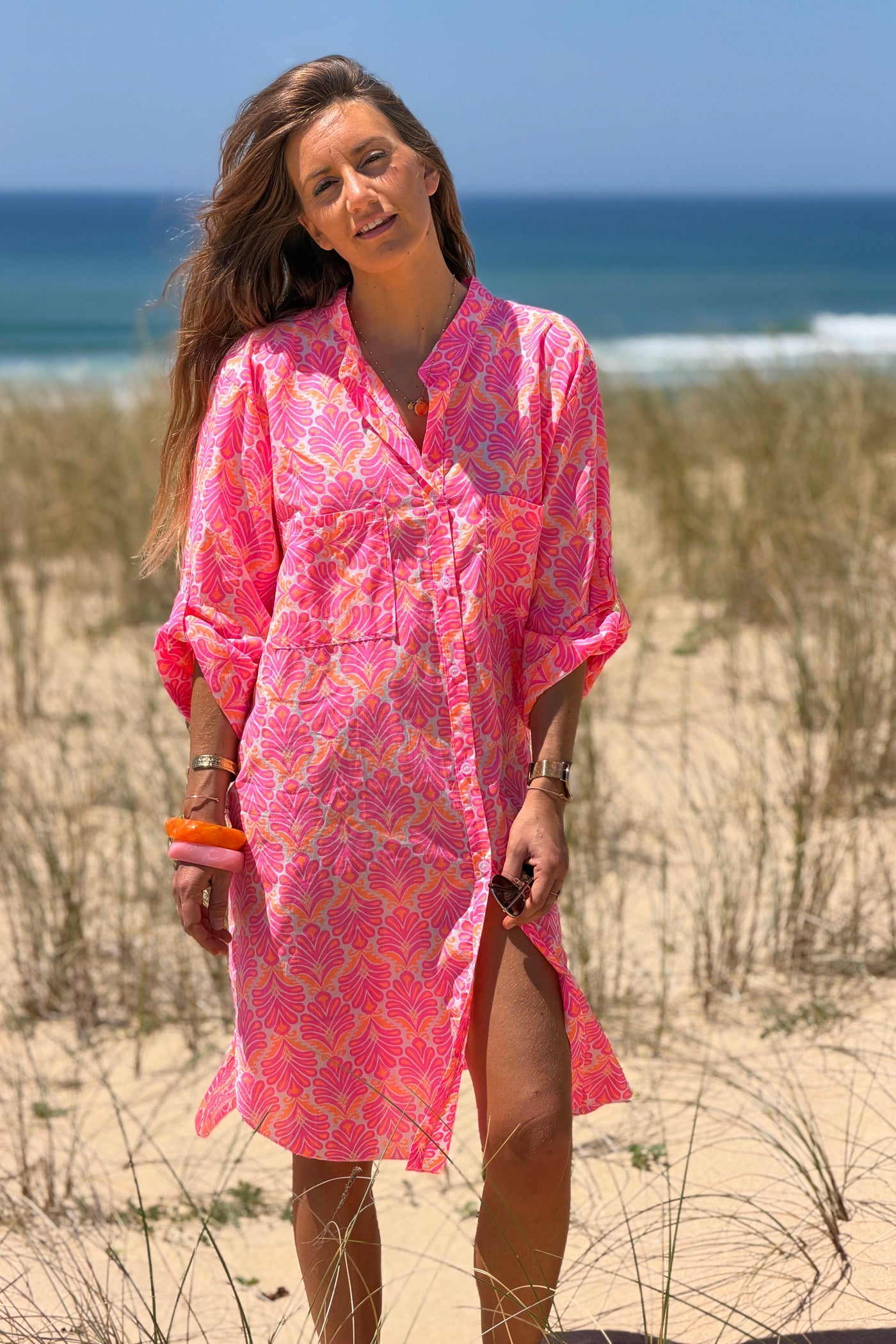 Vestido Camisa Algodón Estampado Lirios Rosa Flúor