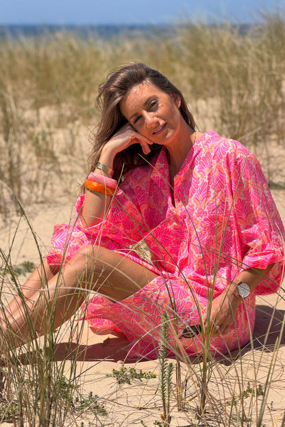Vestido Camisa Algodón Estampado Lirios Rosa Flúor