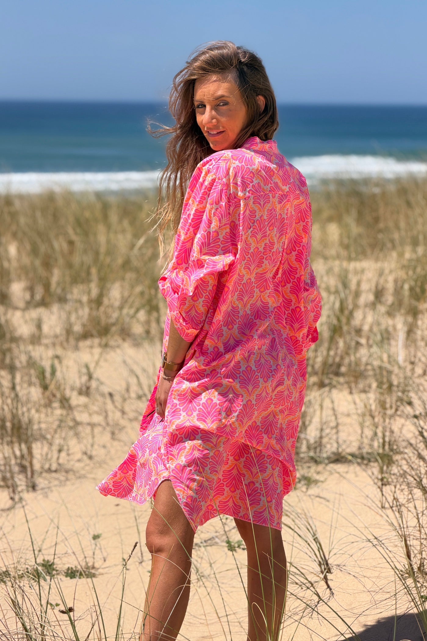 Vestido Camisa Algodón Estampado Lirios Rosa Flúor