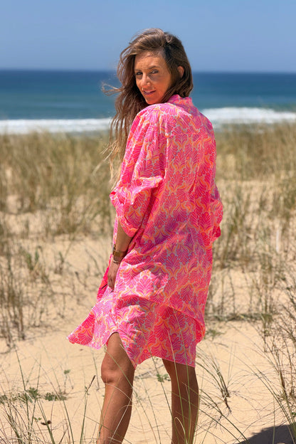 Vestido Camisa Algodón Estampado Lirios Rosa Flúor