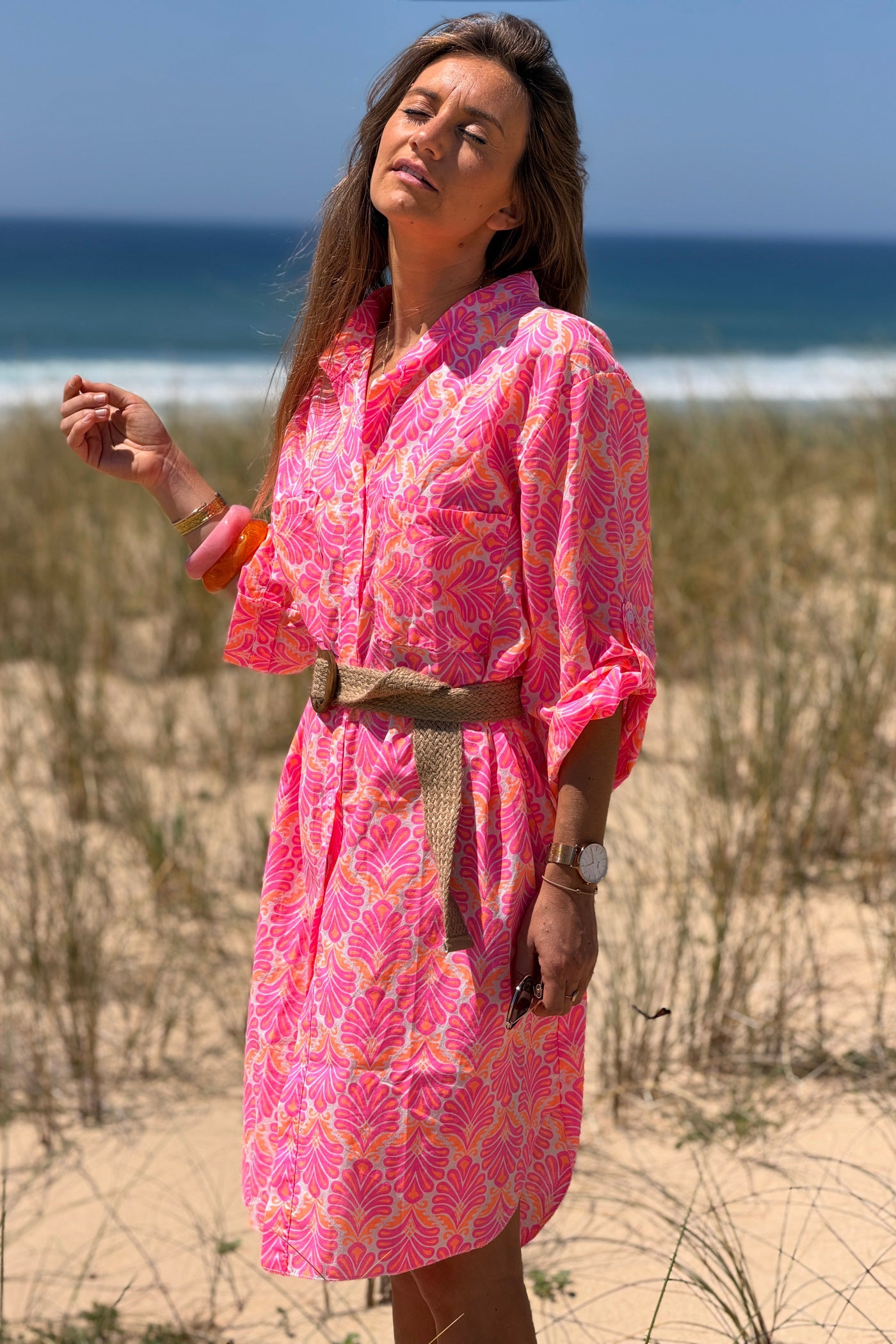 Vestido Camisa Algodón Estampado Lirios Rosa Flúor