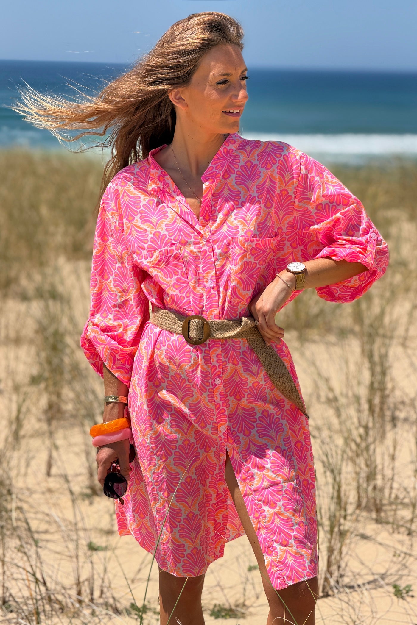 Vestido Camisa Algodón Estampado Lirios Rosa Flúor