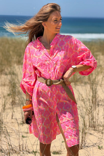 Vestido Camisa Algodón Estampado Lirios Rosa Flúor