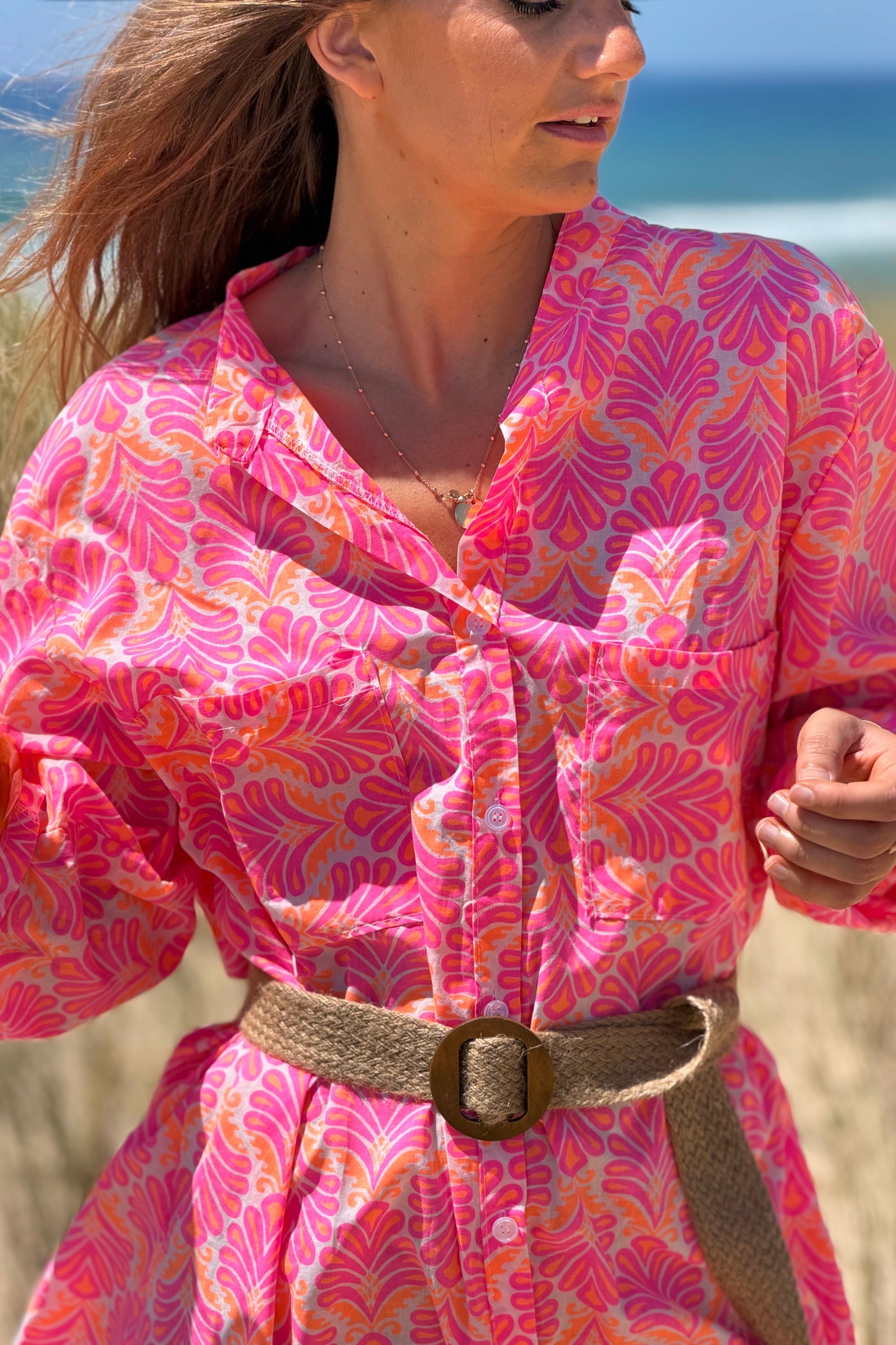 Vestido Camisa Algodón Estampado Lirios Rosa Flúor