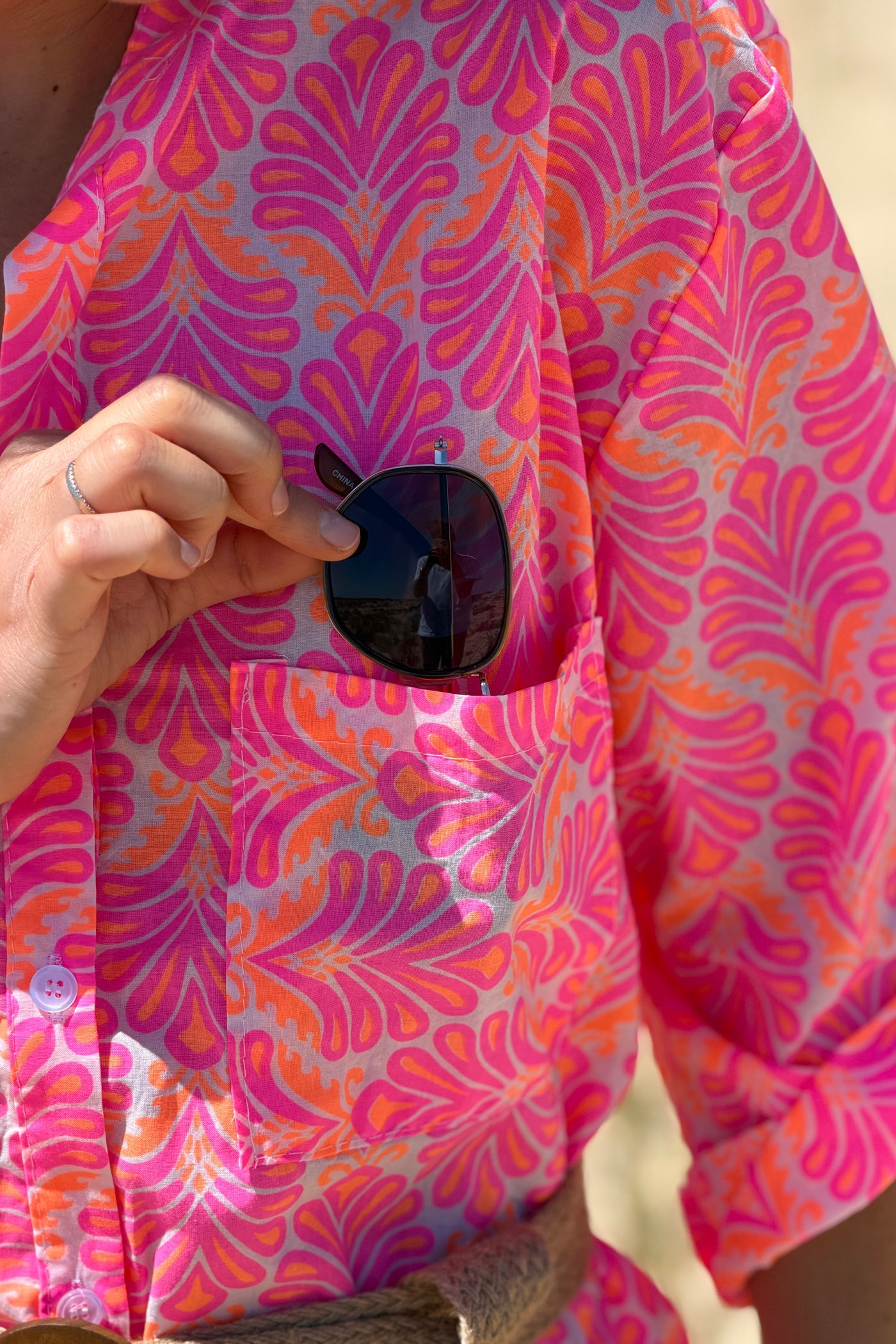 Vestido Camisa Algodón Estampado Lirios Rosa Flúor
