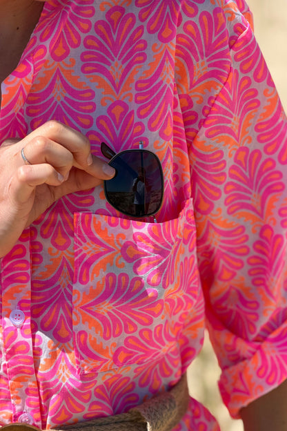 Vestido Camisa Algodón Estampado Lirios Rosa Flúor