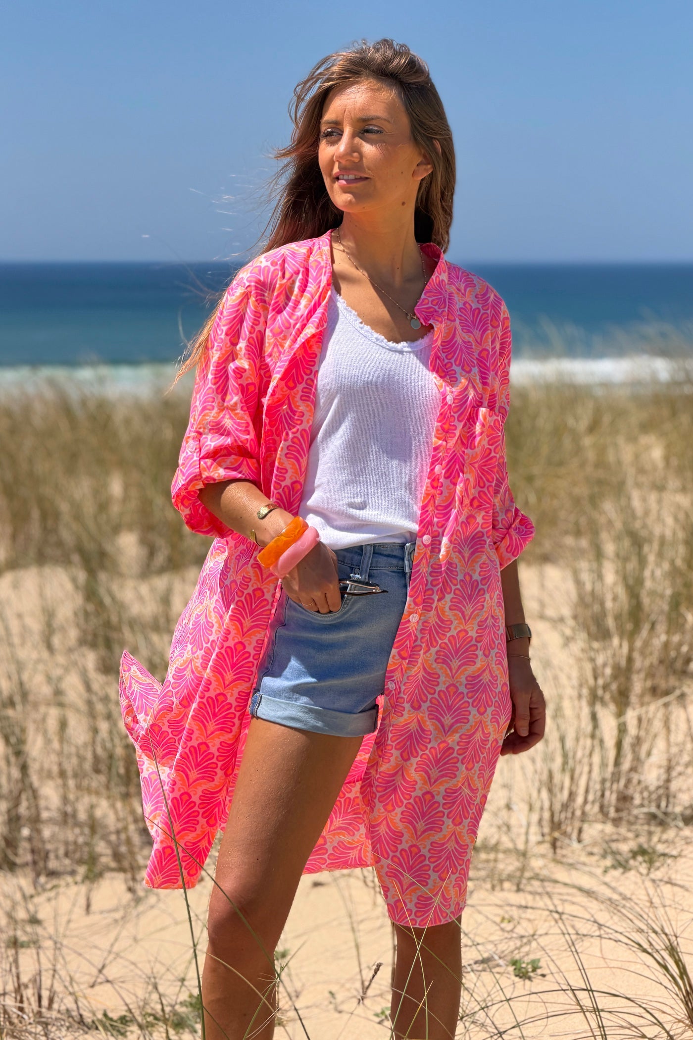 Vestido Camisa Algodón Estampado Lirios Rosa Flúor