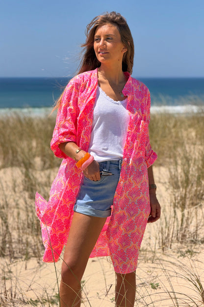 Vestido Camisa Algodón Estampado Lirios Rosa Flúor