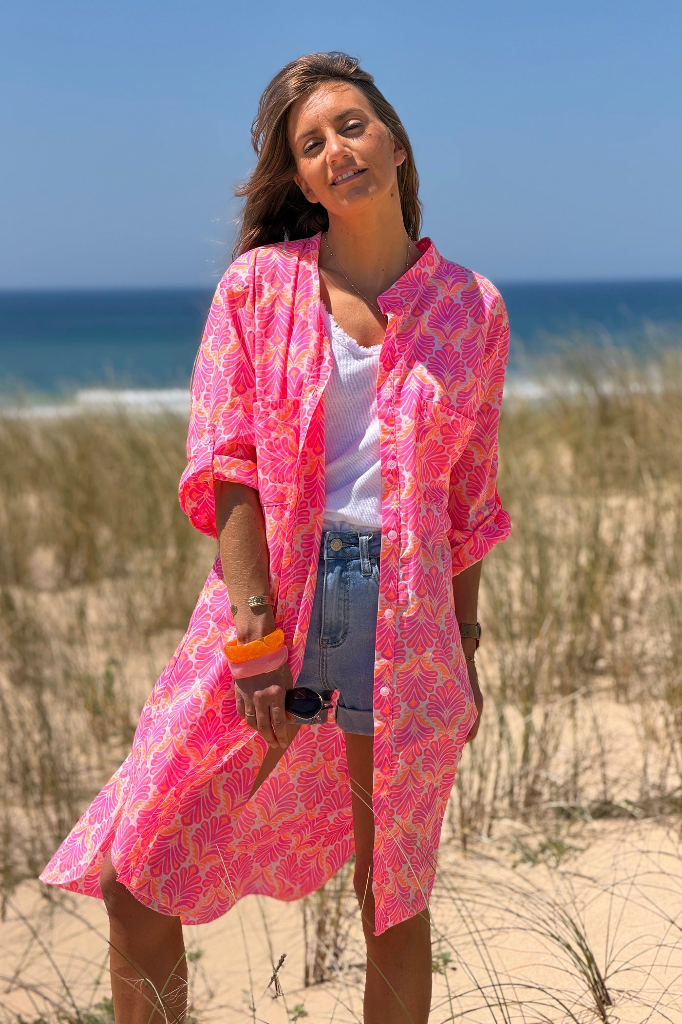 Vestido Camisa Algodón Estampado Lirios Rosa Flúor