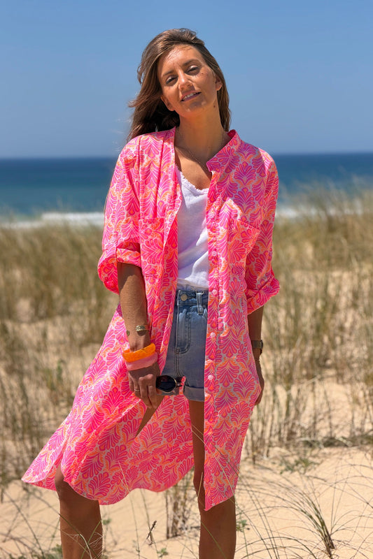 Vestido Camisa Algodón Estampado Lirios Rosa Flúor