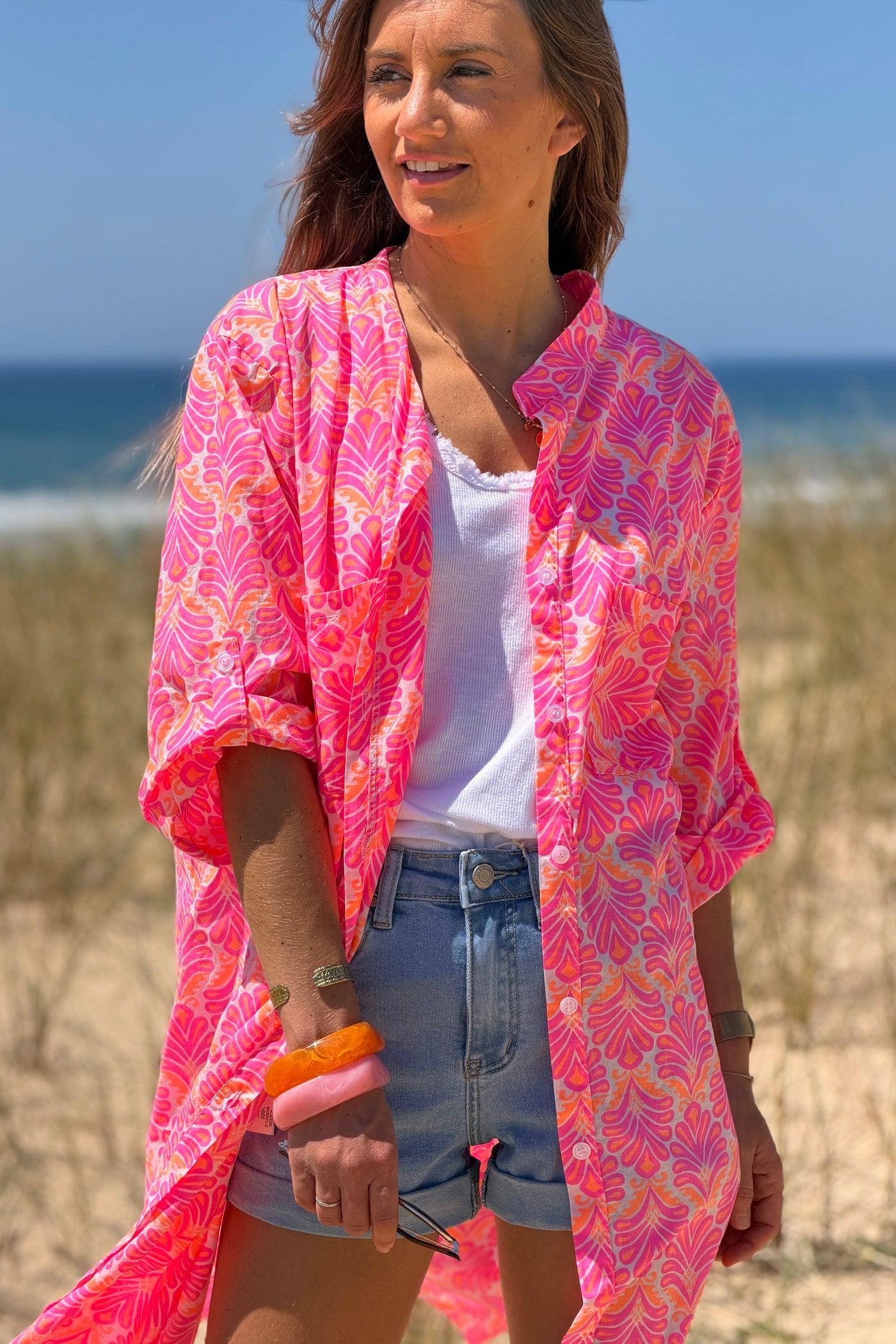Vestido Camisa Algodón Estampado Lirios Rosa Flúor