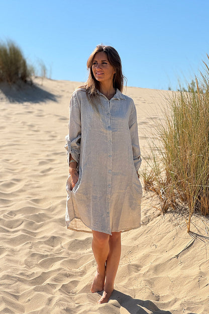 Vestido Camisa Greige Lino con Bolsillos Botones Nácar