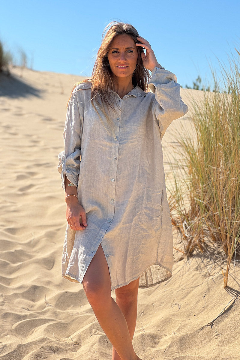 Vestido Camisa Greige Lino con Bolsillos Botones Nácar