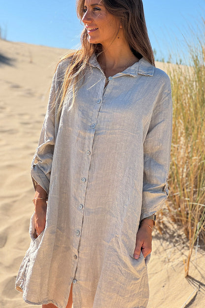 Vestido Camisa Greige Lino con Bolsillos Botones Nácar