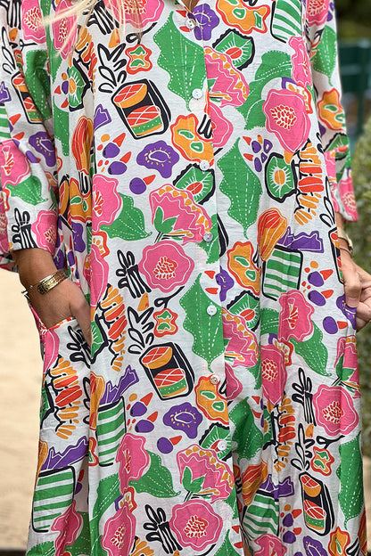 Vestido Camisa Largo Fluido Estampado Flores Coloridas