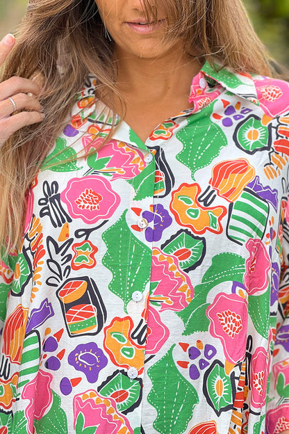 Vestido Camisa Largo Fluido Estampado Flores Coloridas