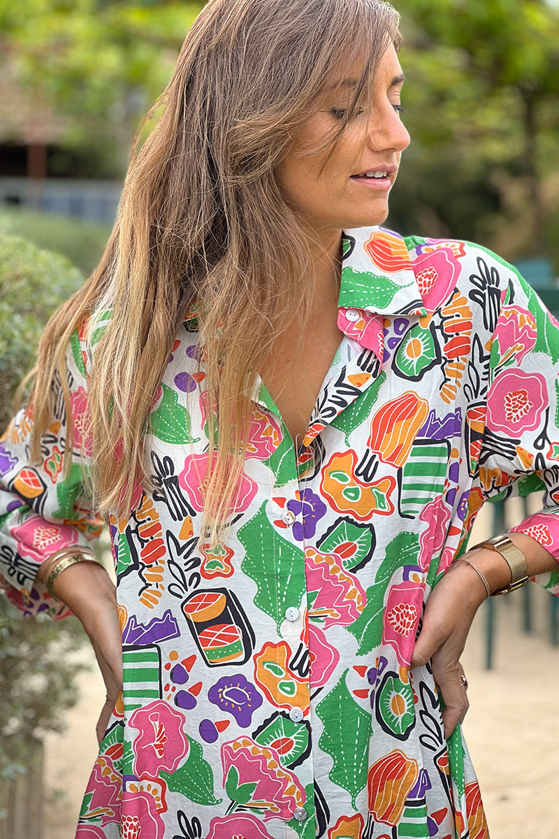 Vestido Camisa Largo Fluido Estampado Flores Coloridas
