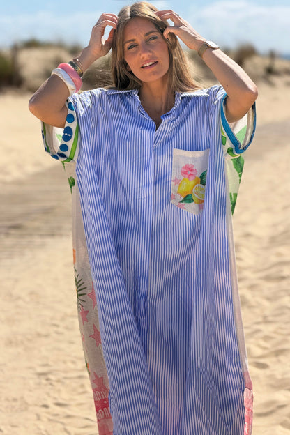 Vestido Camisa Largo Amplio Rayas Azules Superstar Sol Flores y Limón