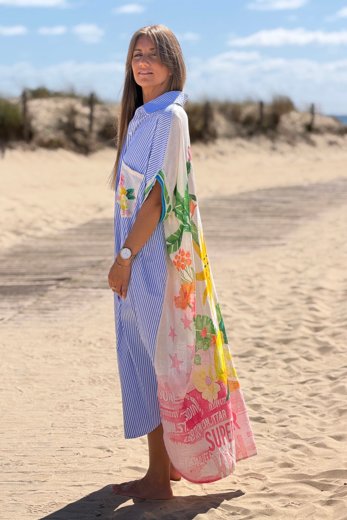 Vestido Camisa Largo Amplio Rayas Azules Superstar Sol Flores y Limón