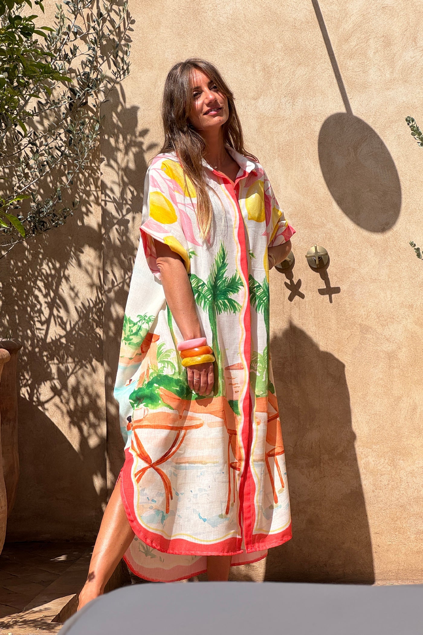 Vestido Camisa Largo Amplio Estampado Vacaciones Surf y Limones