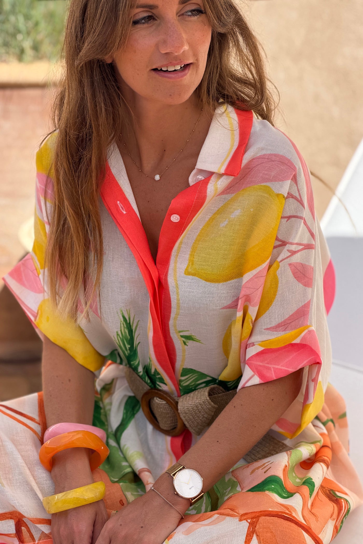 Vestido Camisa Largo Amplio Estampado Vacaciones Surf y Limones
