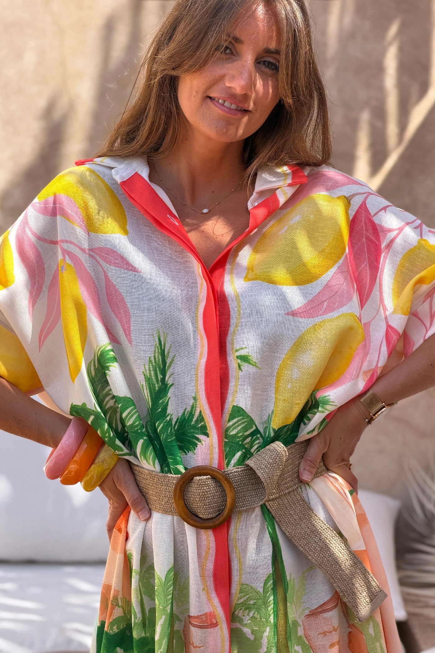 Vestido Camisa Largo Amplio Estampado Vacaciones Surf y Limones