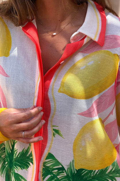 Vestido Camisa Largo Amplio Estampado Vacaciones Surf y Limones