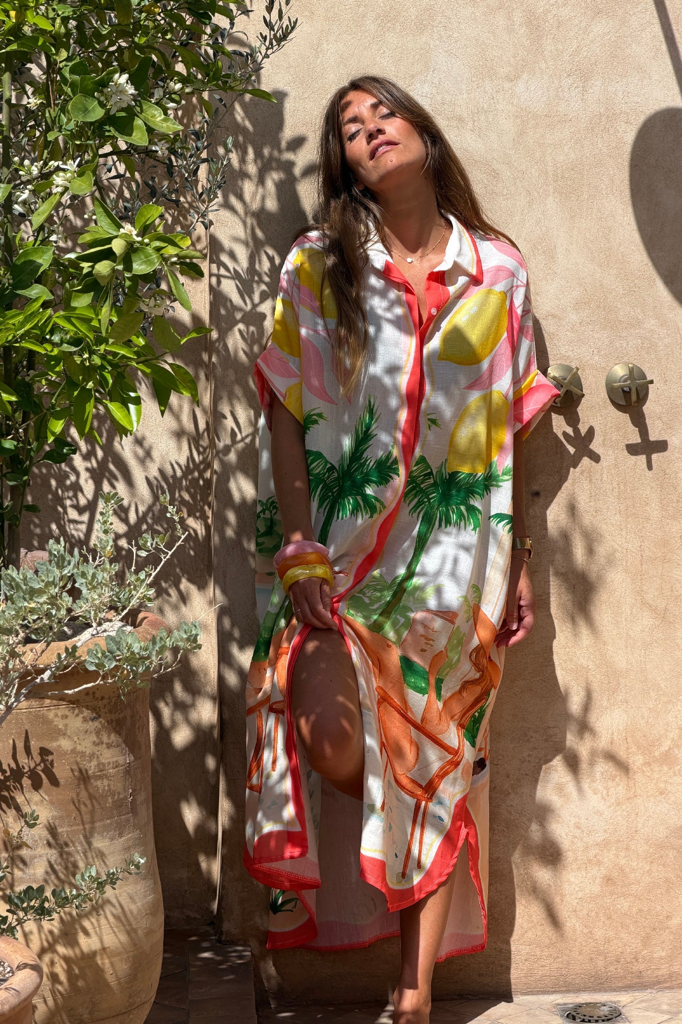 Vestido Camisa Largo Amplio Estampado Vacaciones Surf y Limones