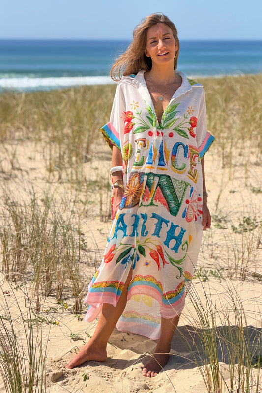 Vestido Camisa Largo Amplio Algodón Estampado Peace on Earth y Flores